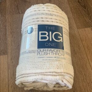 The Big One Plush Stripe Throw Blanket- White with Gray and Brown Stripes. New!